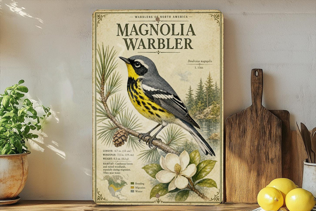 a vintage-style illustration of a Magnolia Warbler, a bird with a yellow and black plumage, perched on a pine branch. The illustration is set against a backdrop of pine trees and a white wall. The text on the illustration provides information about the Magnolia Warbler, including its size, weight, habitat, and breeding habits.