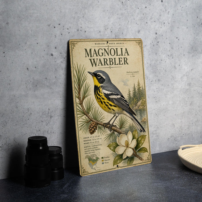 a vintage-style magnolia warbler poster with a detailed illustration of the bird perched on a pine branch and surrounded by pine cones and a magnolia flower.