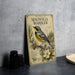 a vintage-style magnolia warbler poster with a detailed illustration of the bird perched on a pine branch and surrounded by pine cones and a magnolia flower.