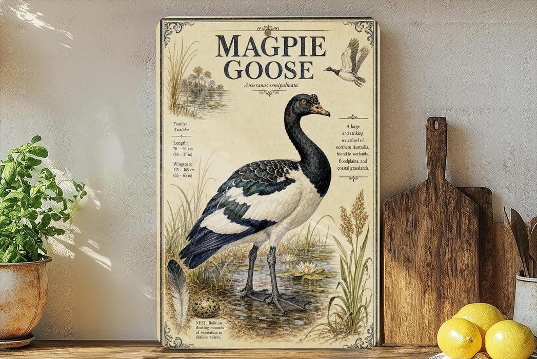a framed illustration of a magpie goose, which is an American semicolonate waterfowl. The illustration depicts the bird standing on a pond with water lilies and reeds. The frame has a decorative border and includes text that provides information about the species.