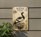 a vintage-style illustration of a black and white goose standing in a pond, surrounded by plants and grass.