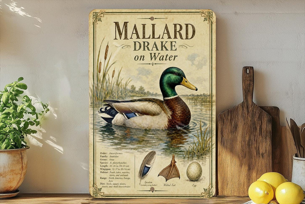 A vintage-style metal sign displaying an illustration of Mallard ducks swimming on water, with text describing the species.