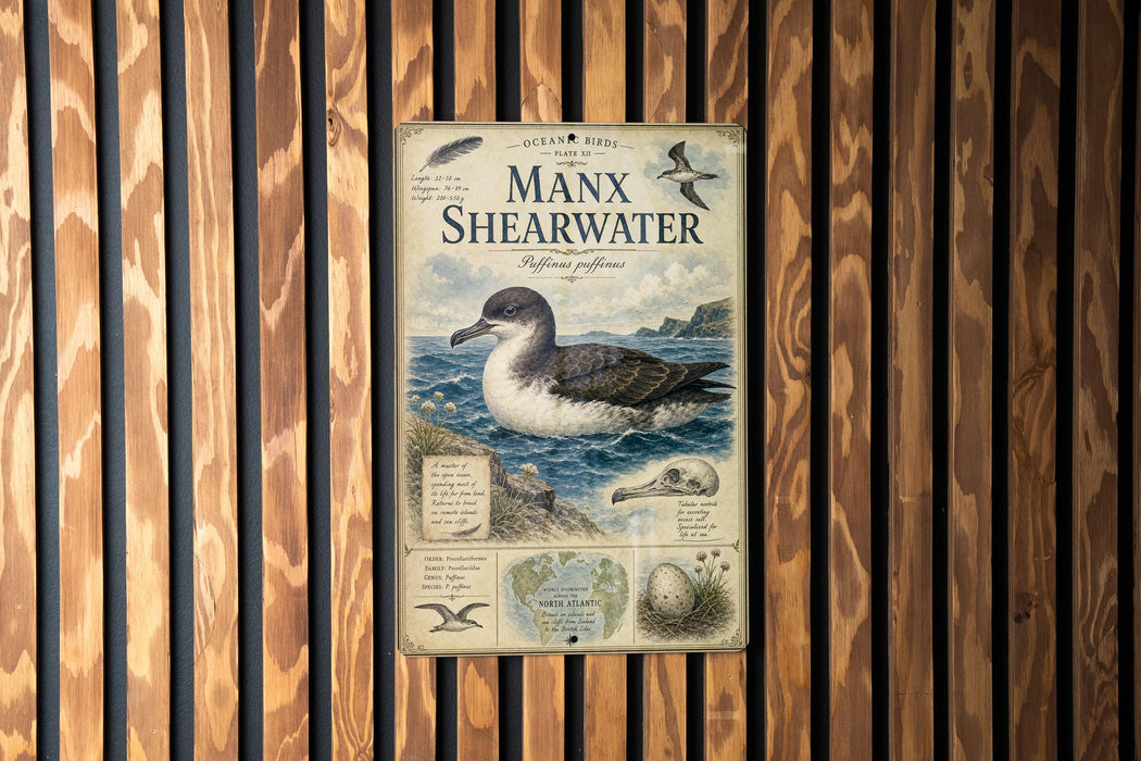 a vintage metal sign with a bird illustration, mounted on a wooden wall.