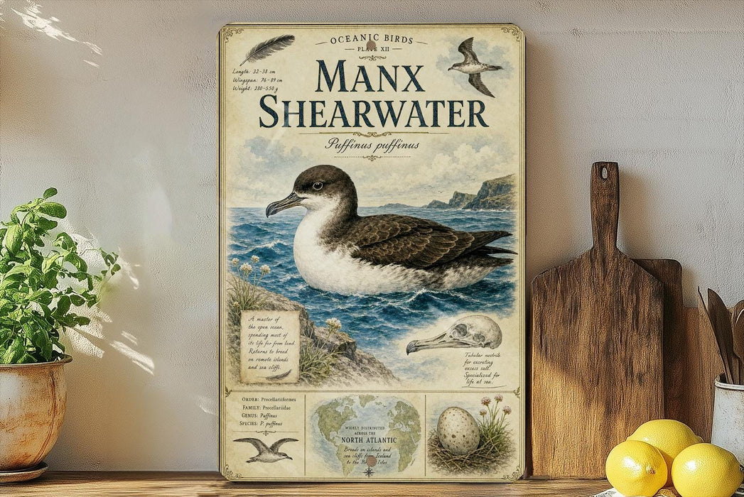 a vintage-style poster or sign about the Manx Shearwater, a bird species, displayed on a shelf with a potted plant and a wooden cutting board.