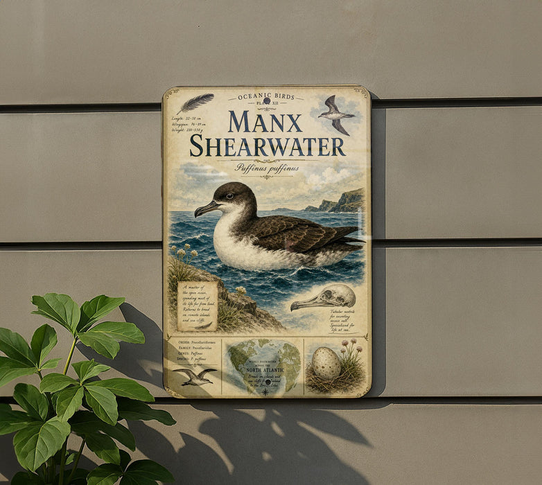 a vintage metal sign with illustrations and text about the Manx Shearwater, a species of seabird.