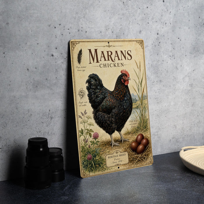 A vintage-style metal sign featuring a black chicken standing on a bed of straw, with illustrations of eggs and plants.