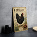 A vintage-style metal sign featuring a black chicken standing on a bed of straw, with illustrations of eggs and plants.