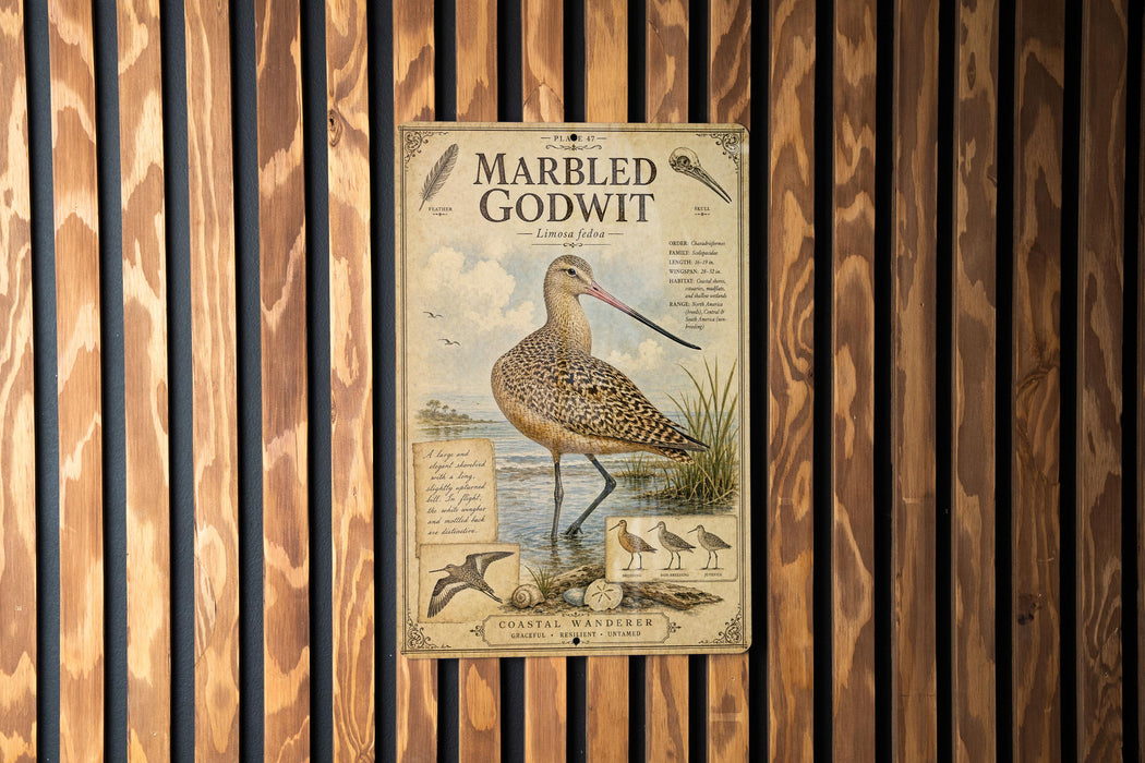 a poster of a bird, specifically a marbled godwit, standing in a body of water.