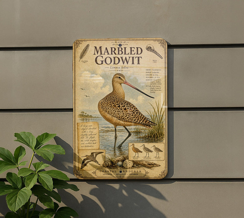 a vintage-style metal plaque with an illustration of a bird, likely a stork, standing on a rock near a body of water. The plaque is mounted on a wall and is surrounded by greenery, including a plant to the left.