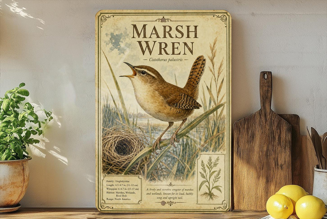 A vintage-style metal plaque featuring an illustration of a marsh wren perched on a branch, with a birdhouse and other natural elements in the background.