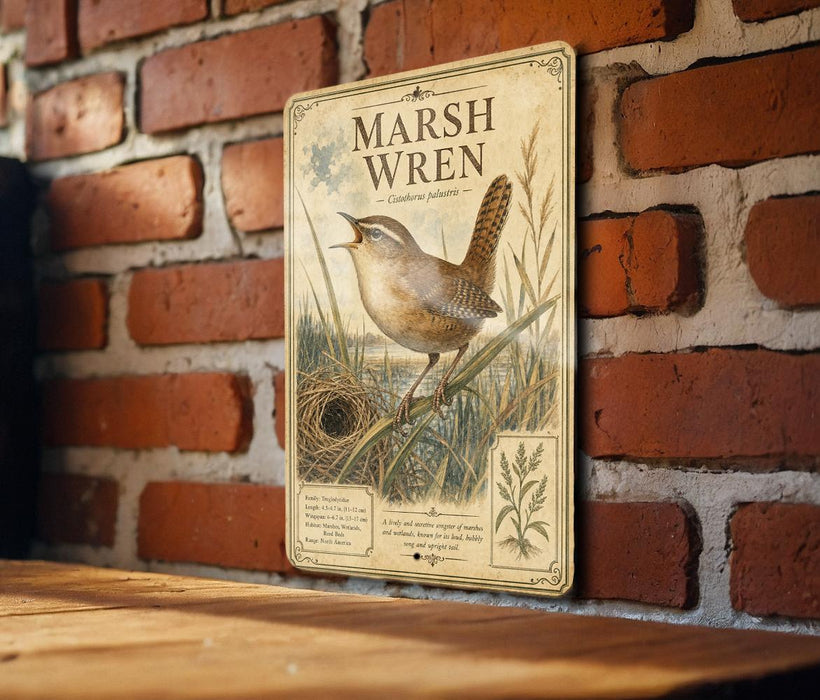 A vintage-style metal sign featuring an illustration of a marsh wren perched on a branch, with a brick wall in the background.