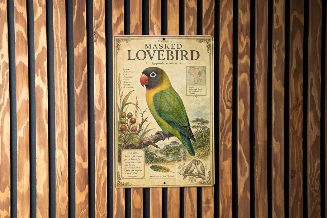 A vintage-style metal sign with a colorful illustration of a masked lovebird, mounted on a wooden wall.