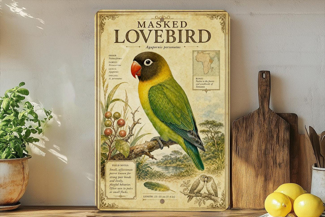 a framed illustration of a masked lovebird, a colorful parrot species, perched on a branch with various plants and fruits. The framed artwork is displayed on a shelf, surrounded by kitchen utensils and a potted plant.