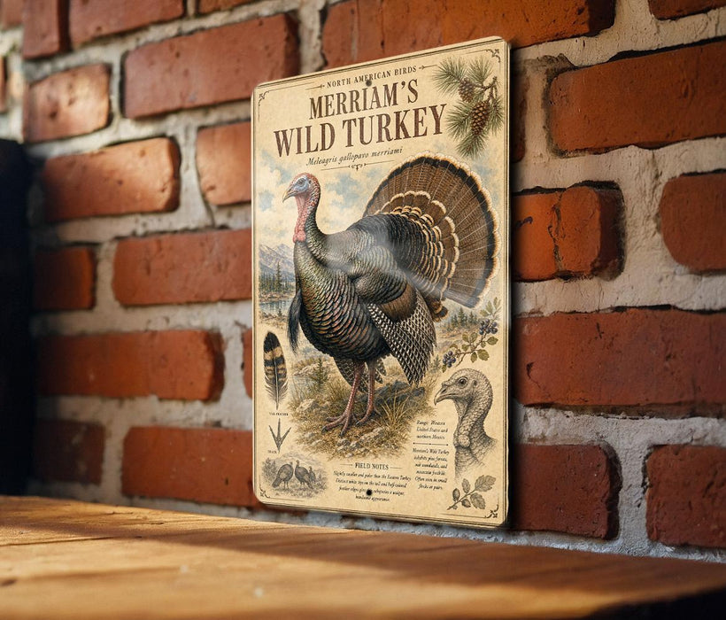 A metal sign featuring an illustration of a wild turkey, mounted on a brick wall.
