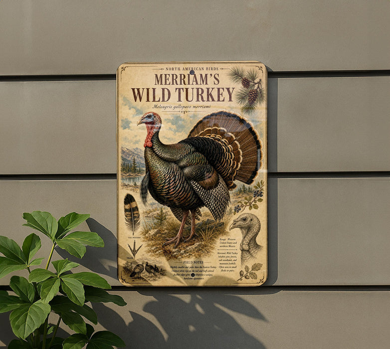 A vintage-style metal sign featuring an illustration of a wild turkey, mounted on a wall next to a plant.