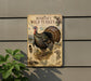A vintage-style metal sign featuring an illustration of a wild turkey, mounted on a wall next to a plant.