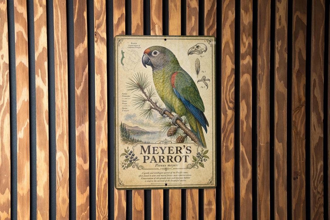 A vintage-style metal sign featuring a colorful parrot perched on a branch, with text and illustrations related to the parrot species.