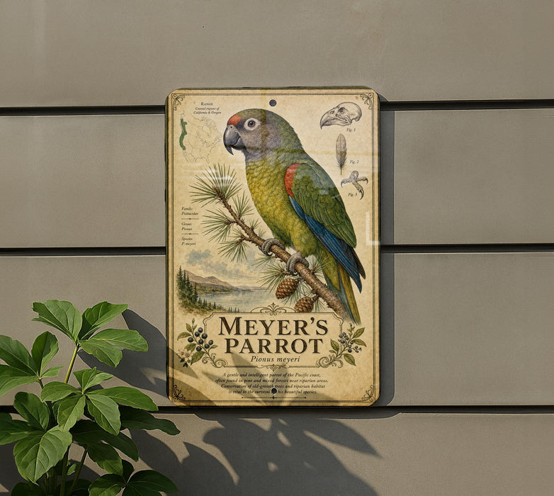 A vintage-style metal sign featuring a colorful parrot perched on a branch, with illustrations and text related to the parrot species.