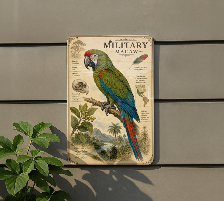 a vintage-style metal plaque with a colorful parrot illustration, mounted on a wall next to a plant.