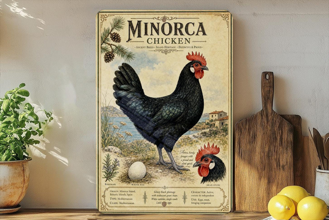 a vintage-style poster of a black chicken, with a detailed illustration of the chicken and its surroundings, including a pine tree and a birdhouse. The poster is displayed on a wall, and there are some kitchen utensils and a potted plant visible in the background.