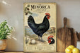 a vintage-style poster of a black chicken, with a detailed illustration of the chicken and its surroundings, including a pine tree and a birdhouse. The poster is displayed on a wall, and there are some kitchen utensils and a potted plant visible in the background.