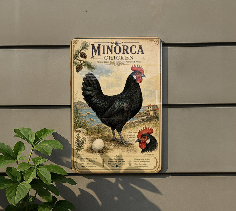 a vintage-style sign for "Minorca Chicken" mounted on a wall, with a black rooster and other chickens depicted on the sign.