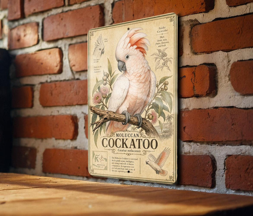 a vintage-style metal sign with a detailed illustration of a cockatoo perched on a branch, surrounded by flowers and foliage.