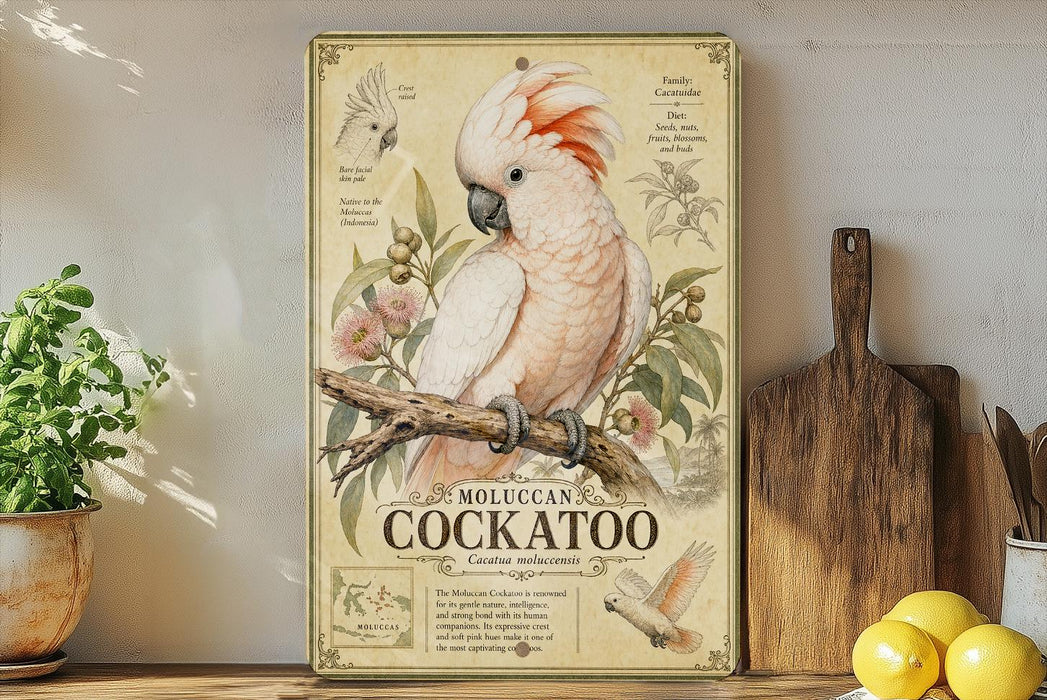 a vintage-style poster of a cockatoo, a type of parrot, displayed on a shelf with various kitchen items such as a wooden cutting board, a lemon, and a potted plant.