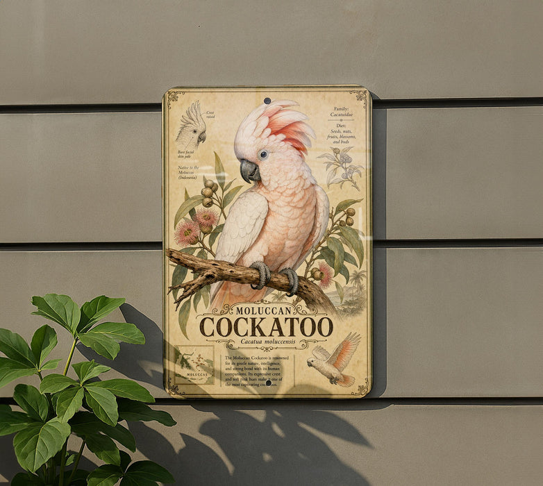 a vintage-style metal sign with a detailed illustration of a cockatoo perched on a branch, surrounded by various ornamental elements.