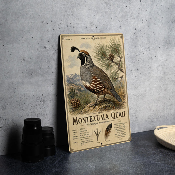 A vintage-style metal plaque featuring an illustration of a quail bird, with text and details about the species.