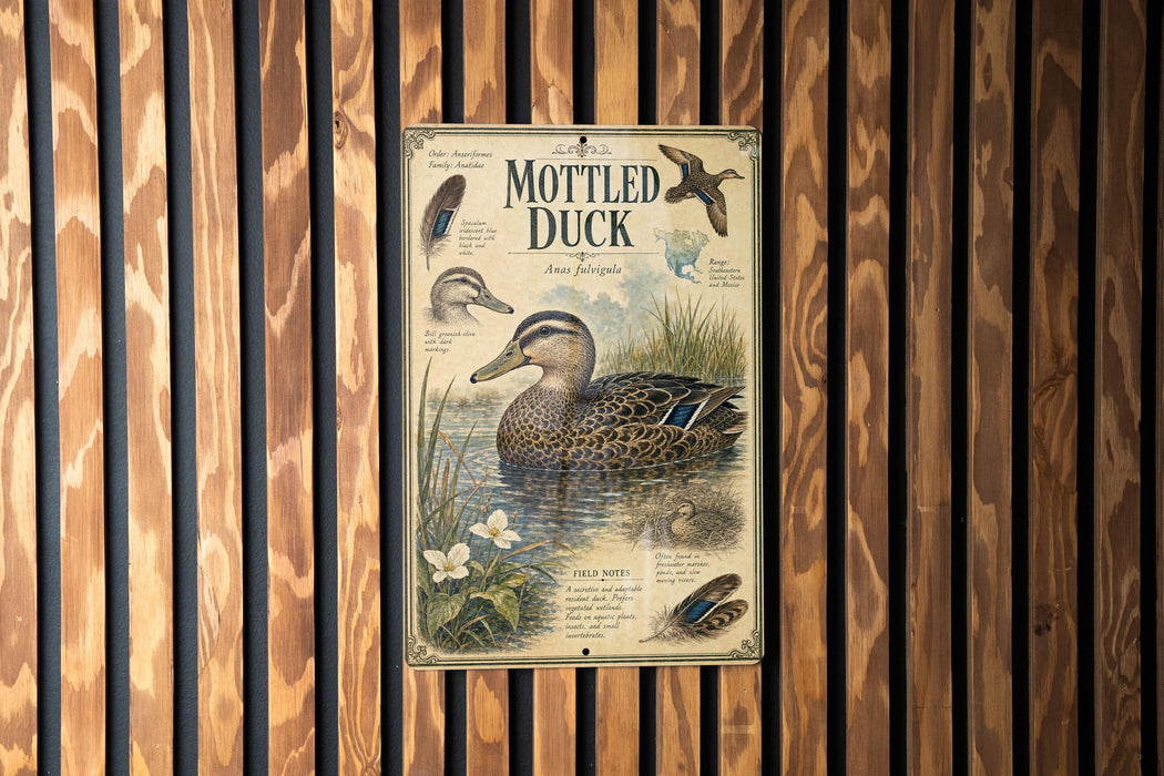 a vintage-style metal sign with illustrations and text about ducks, mounted on a wooden wall.