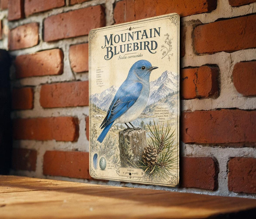 A vintage-style metal sign featuring a blue bird, likely a mountain bluebird, perched on a tree stump against a brick wall background.