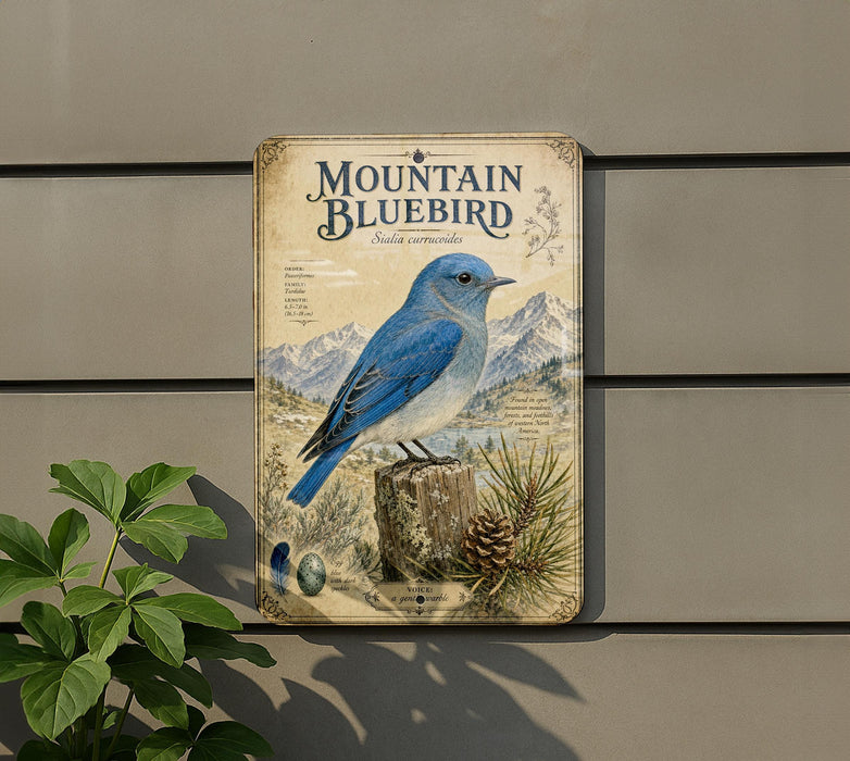 a vintage-style metal sign depicting a blue bird, likely a mountain bluebird, perched on a pine tree stump.
