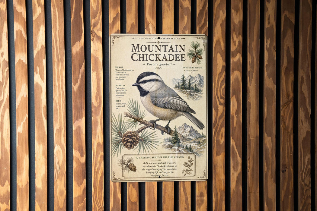 a poster or informational sign about the Mountain Chickadee, which is a small bird with a black and white face, gray body, and gray wings.