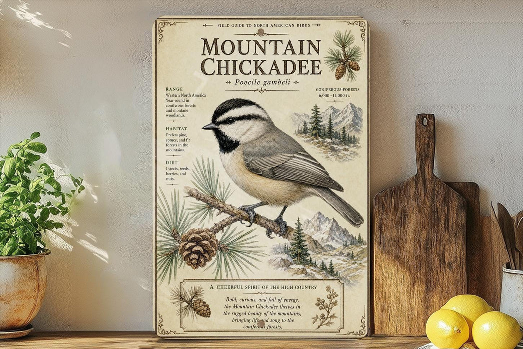 a vintage-style illustration of a mountain chickadee perched on a branch, surrounded by pine cones and pine needles, with a wooden cutting board and a potted plant in the background.