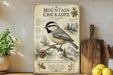 a vintage-style illustration of a mountain chickadee perched on a branch, surrounded by pine cones and pine needles, with a wooden cutting board and a potted plant in the background.