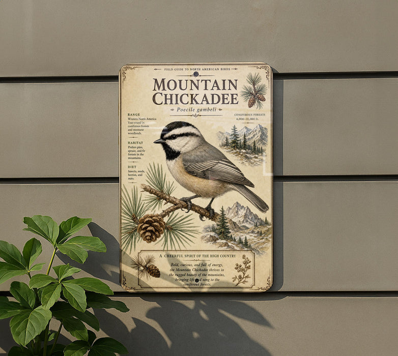 a vintage-style metal sign with illustrations of a mountain chickadee perched on a pine branch, surrounded by pine cones and pine needles. The sign is mounted on a wall and is accompanied by a plant in the foreground.