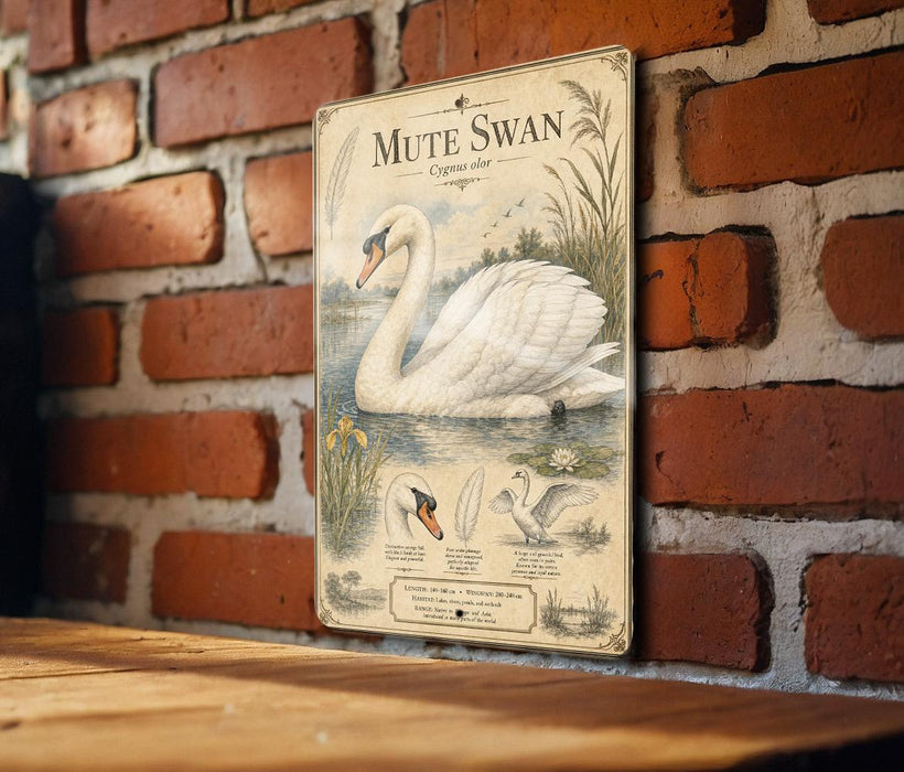 a vintage-style metal plaque with an illustration of a swan and text, mounted on a brick wall.