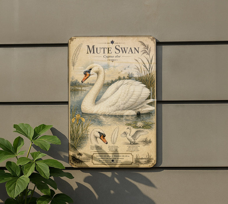 a vintage-style metal plaque with an illustration of a swan, mounted on a wall.