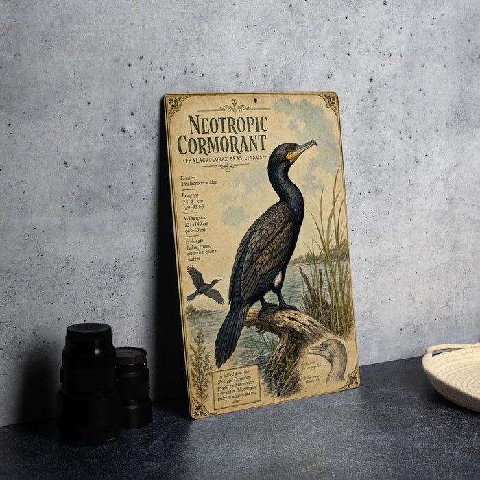 a vintage-style metal plaque with an illustration of a black bird perched on a branch, surrounded by text and a bird in flight.