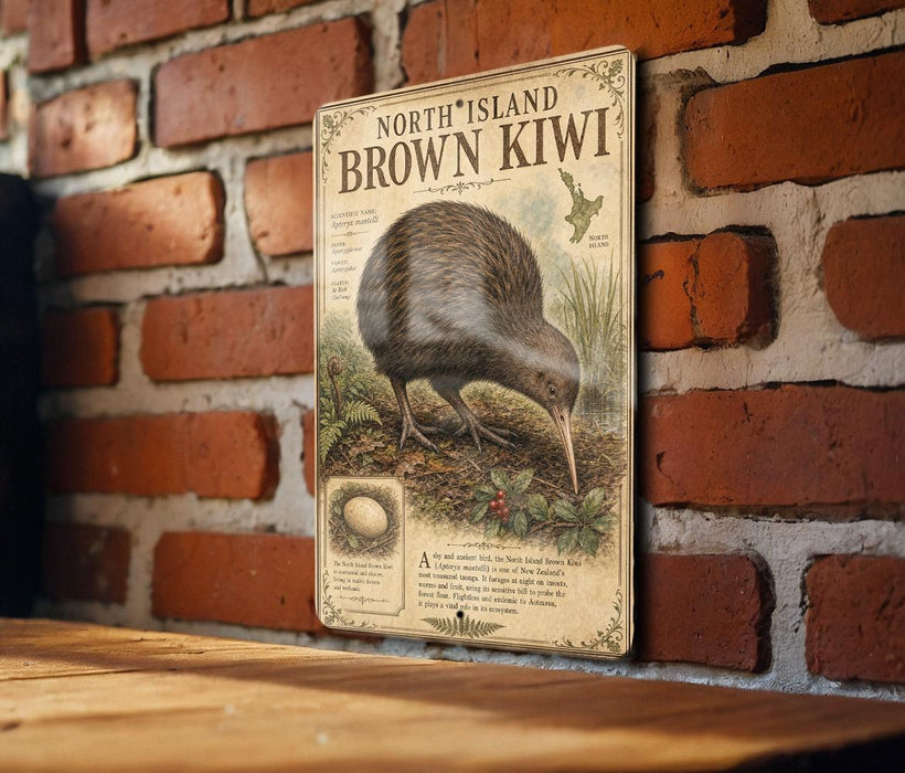 a vintage-style sign with a brown kiwi bird illustration, mounted on a brick wall.