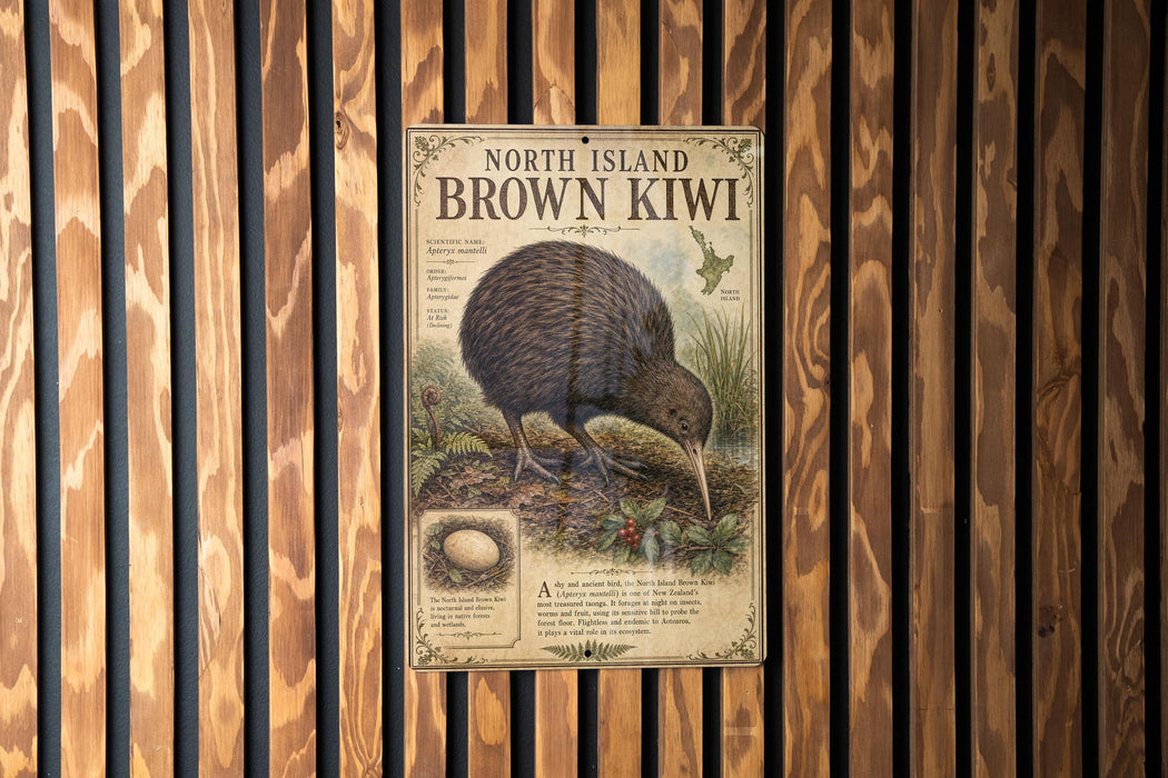 a sign for the North Island Brown Kiwi, which is a bird native to New Zealand. The sign provides information about the bird, including its appearance, habitat, and conservation status.