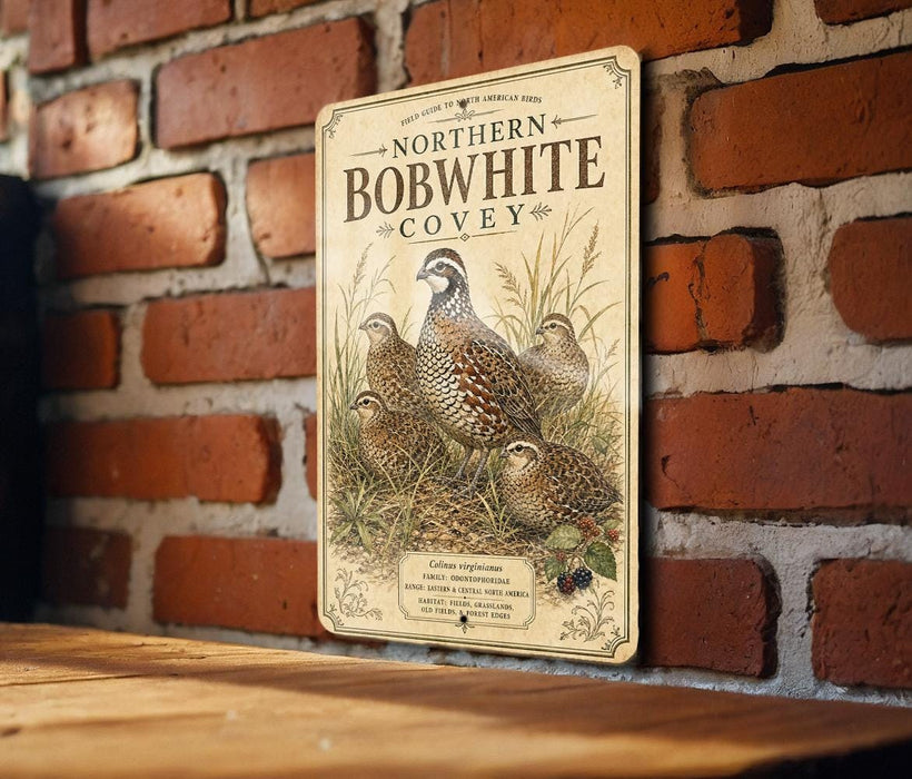 A vintage-style sign for the Northern Bobwhite Covey, featuring illustrations of the bird and its habitat, mounted on a brick wall.