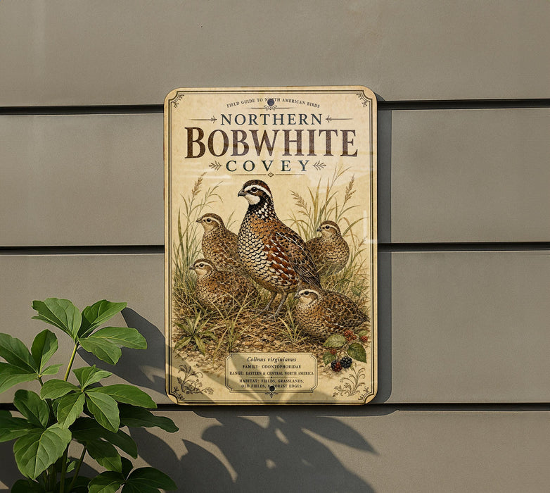 A vintage-style metal sign with illustrations of quails and other birds, mounted on a wall next to a plant.