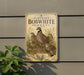 A vintage-style metal sign with illustrations of quails and other birds, mounted on a wall next to a plant.