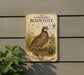 a vintage-style field guide to the Northern Bobwhite bird, mounted on a wall next to a plant.