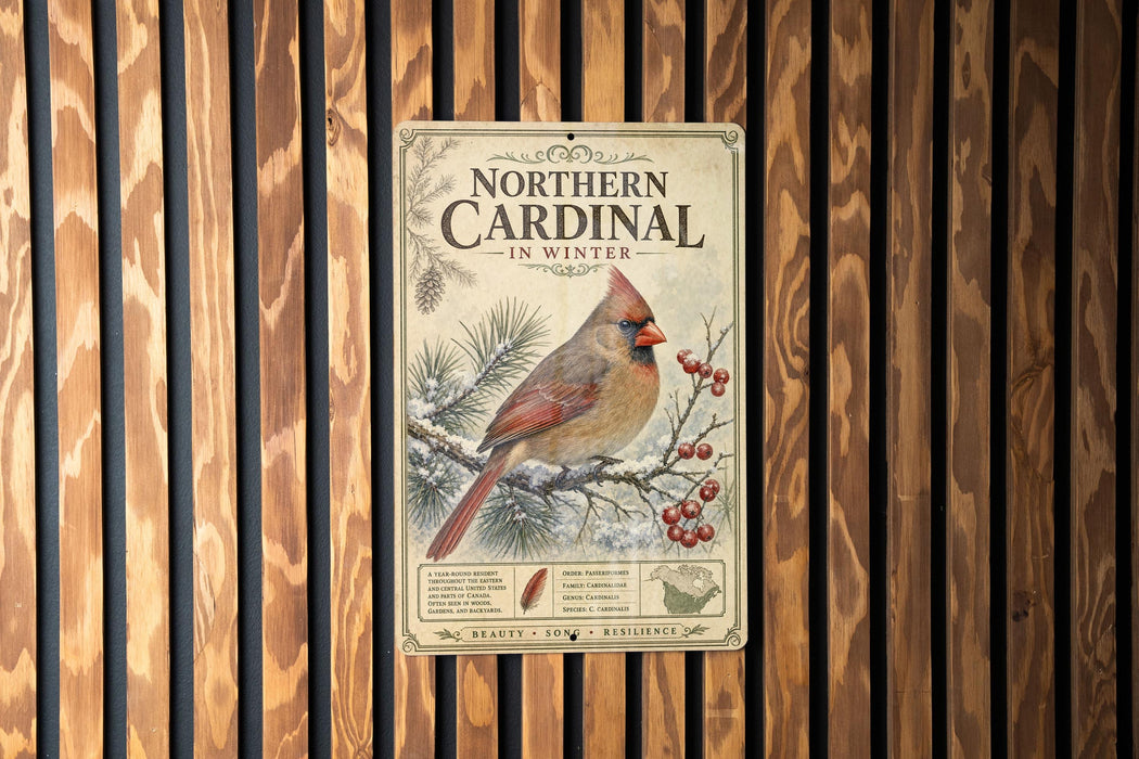 A vintage-style metal sign with a bird illustration and text, mounted on a wooden wall.