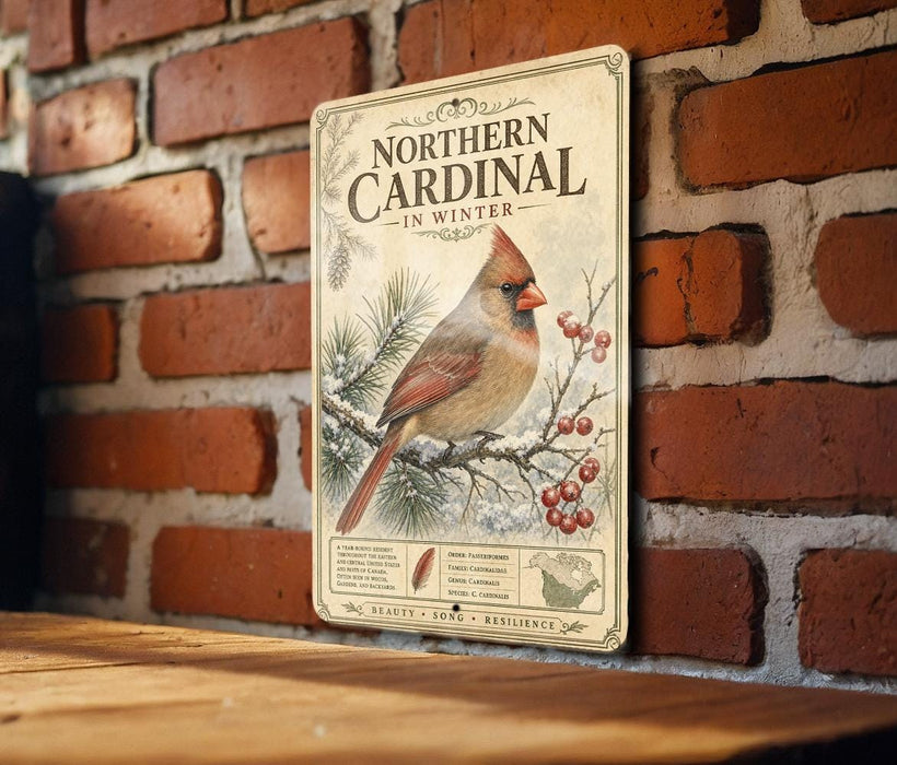 A vintage-style sign with a red cardinal bird perched on a branch, surrounded by pine needles and berries, mounted on a brick wall.