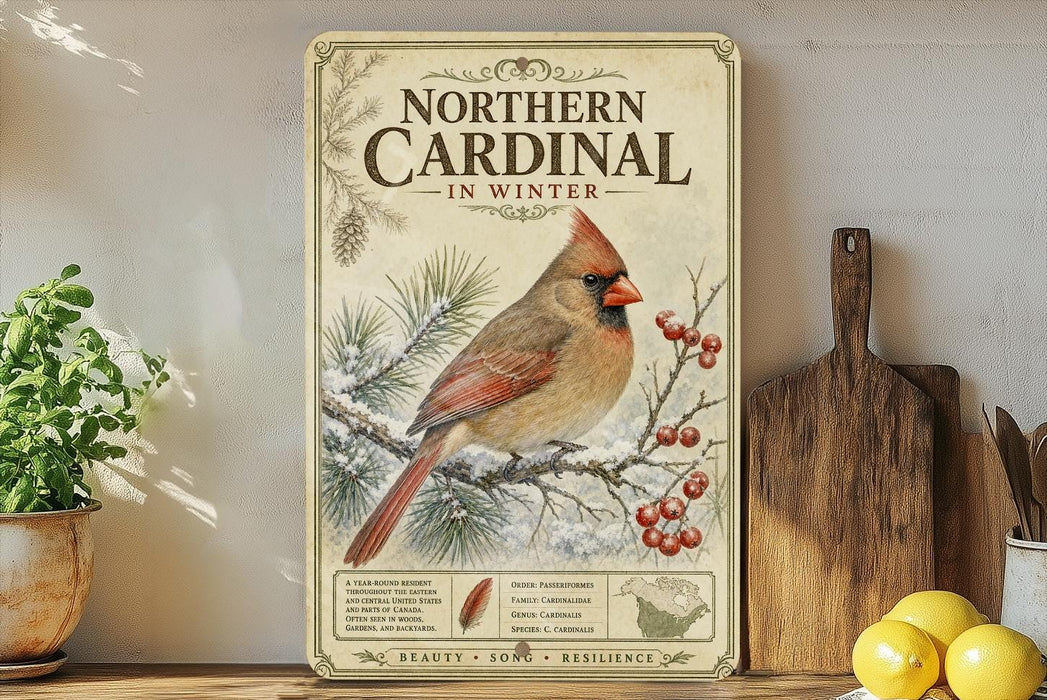 A vintage-style poster of a cardinal bird on a branch, surrounded by pine needles and berries, is displayed on a shelf next to a wooden cutting board and a potted plant.