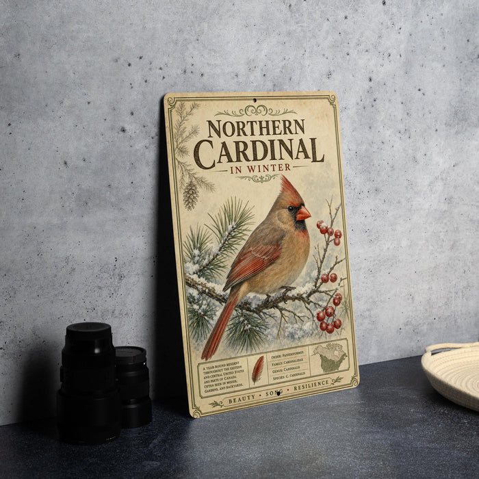 A vintage-style poster titled "Northern Cardinal in Winter" featuring a red cardinal bird perched on a branch with pine needles and berries.